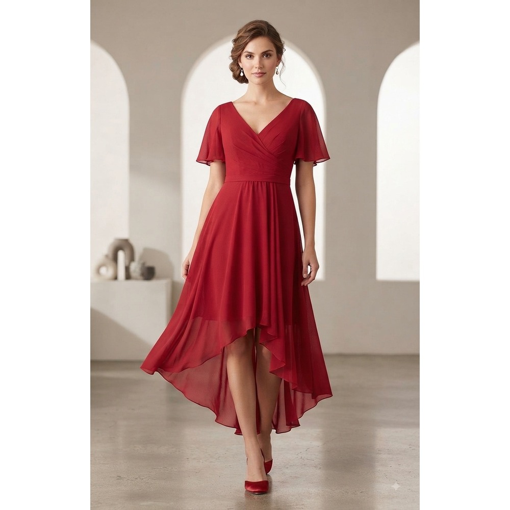 Lavetir Red Chiffon High Low Bridesmaid Dress V-Neck Flutter Sleeve Size A12